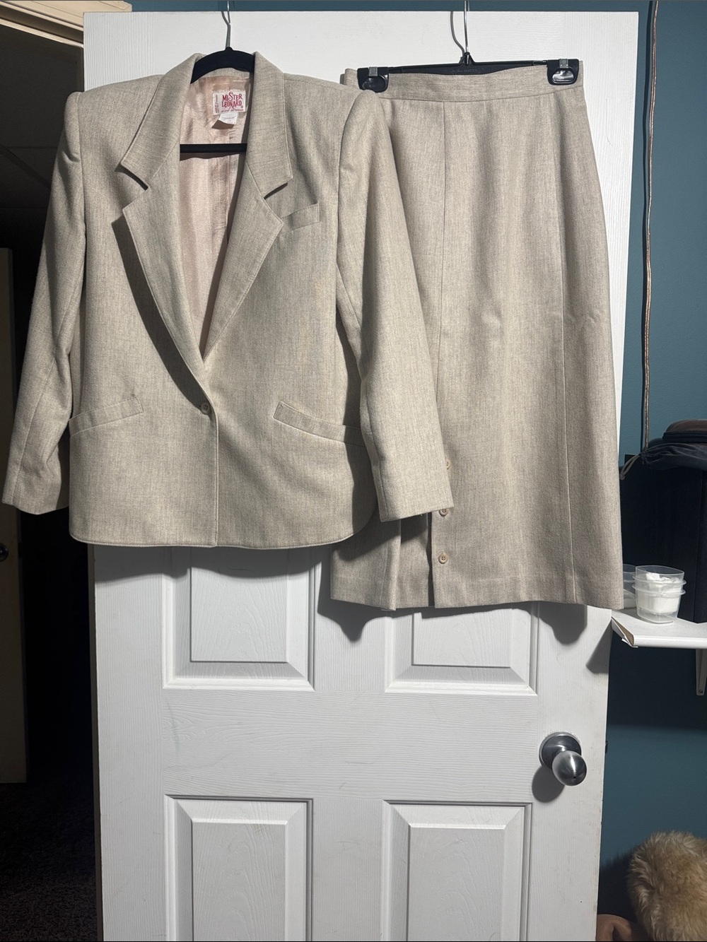 Vintage Mister Leonard Wool Blazer & Skirt Set Suit Neutral Beige Career Wear